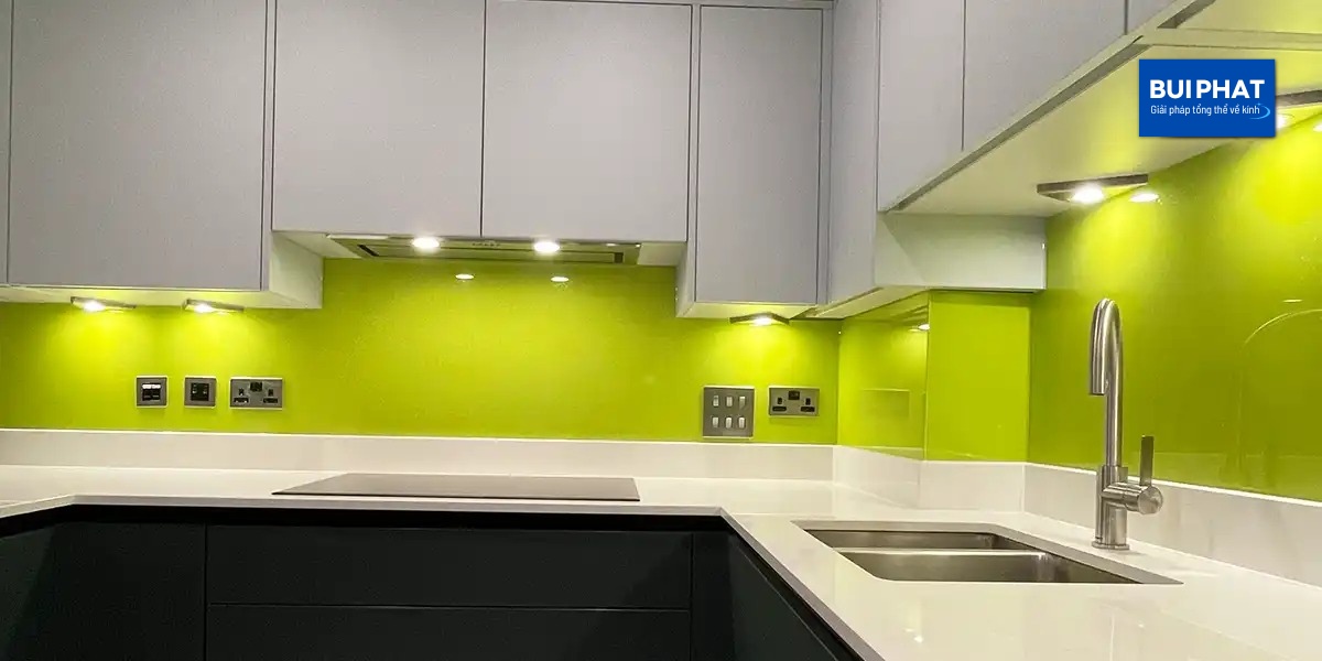 Mẫu kính ốp bếp màu xanh lá