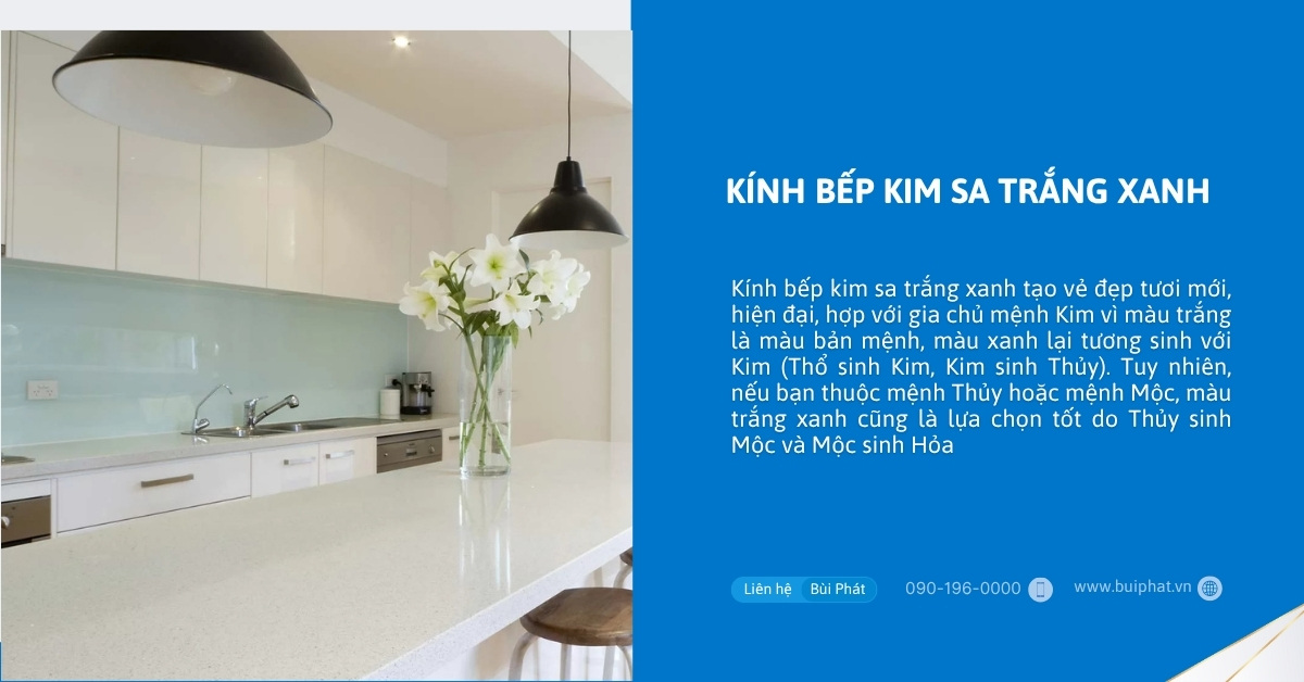 Kính bếp kim sa trắng xanh
