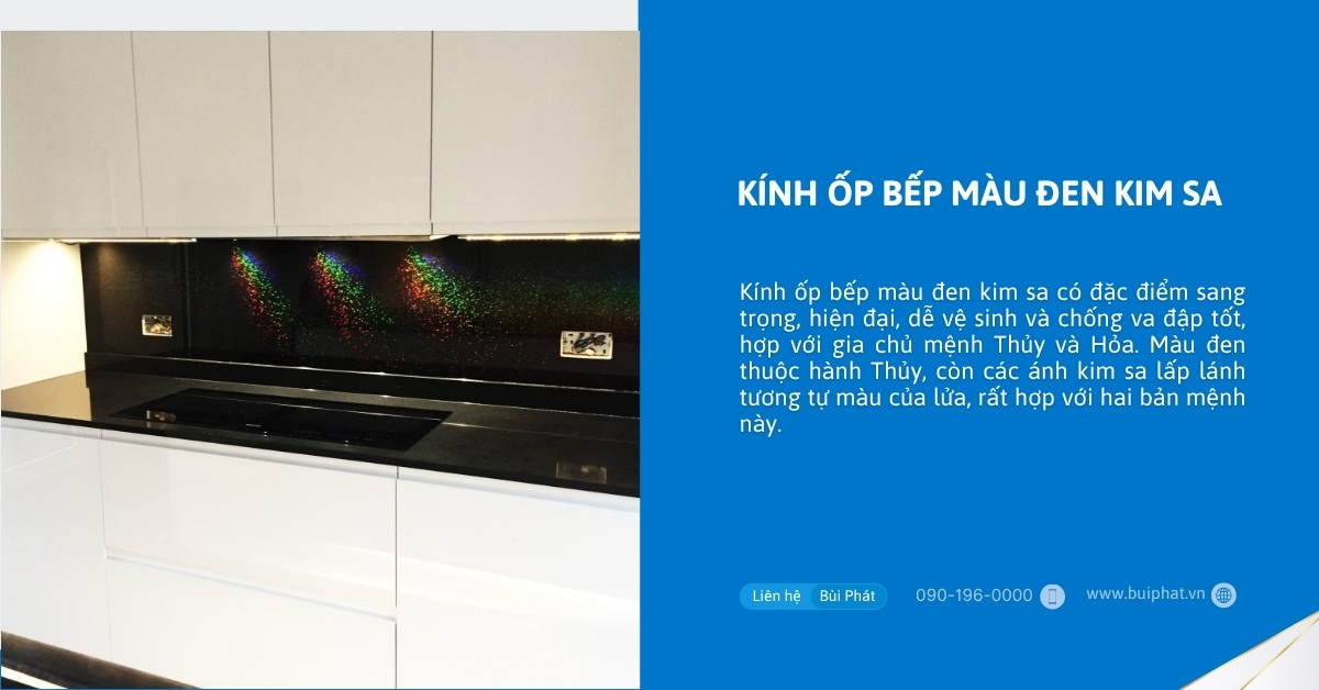 Kính ốp bếp màu đen kim sa