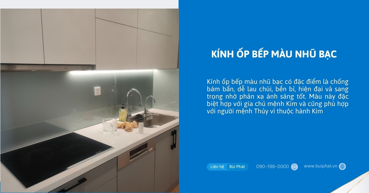 Kính ốp bếp màu nhũ bạc