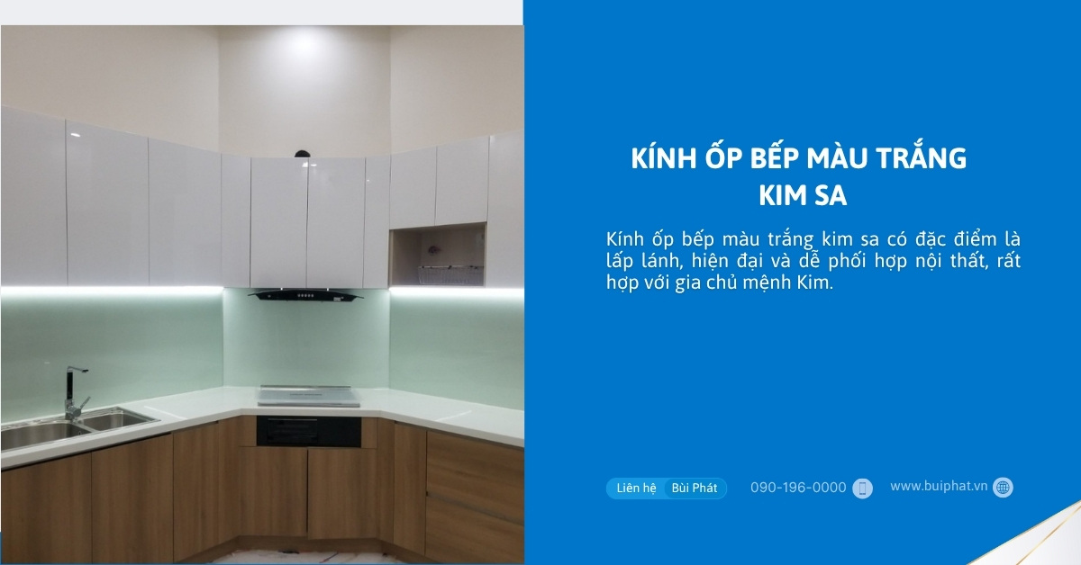 Kính ốp bếp màu trắng kim sa